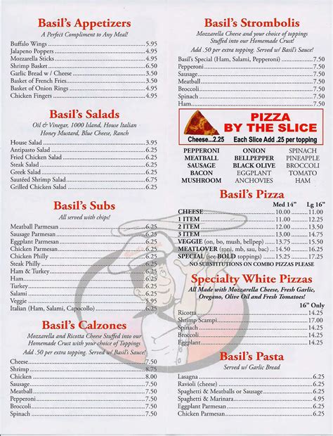 Italian, Pizza Home made pizza NY and Chicago style pizza. . Basils pizza farmington menu